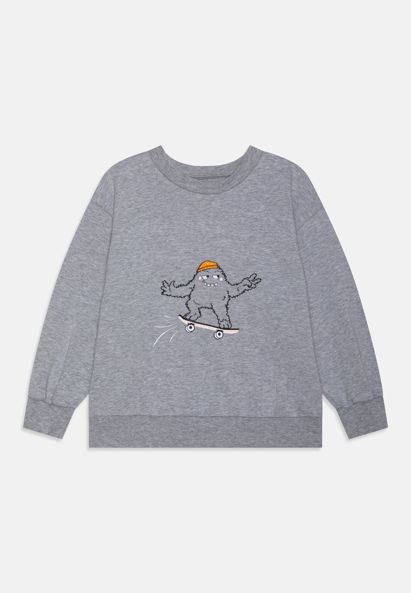 Sweatshirt gris avec un col rond et des poignets élastiques, arborant un monstre cartoon brodé sur un skate.