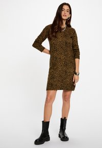 Lange mouwen jurk met luipaardprint in bruin en zwart, tot de knie, met een zachte textuur. Gekocht met zwarte enkellaarzen en accessoires.