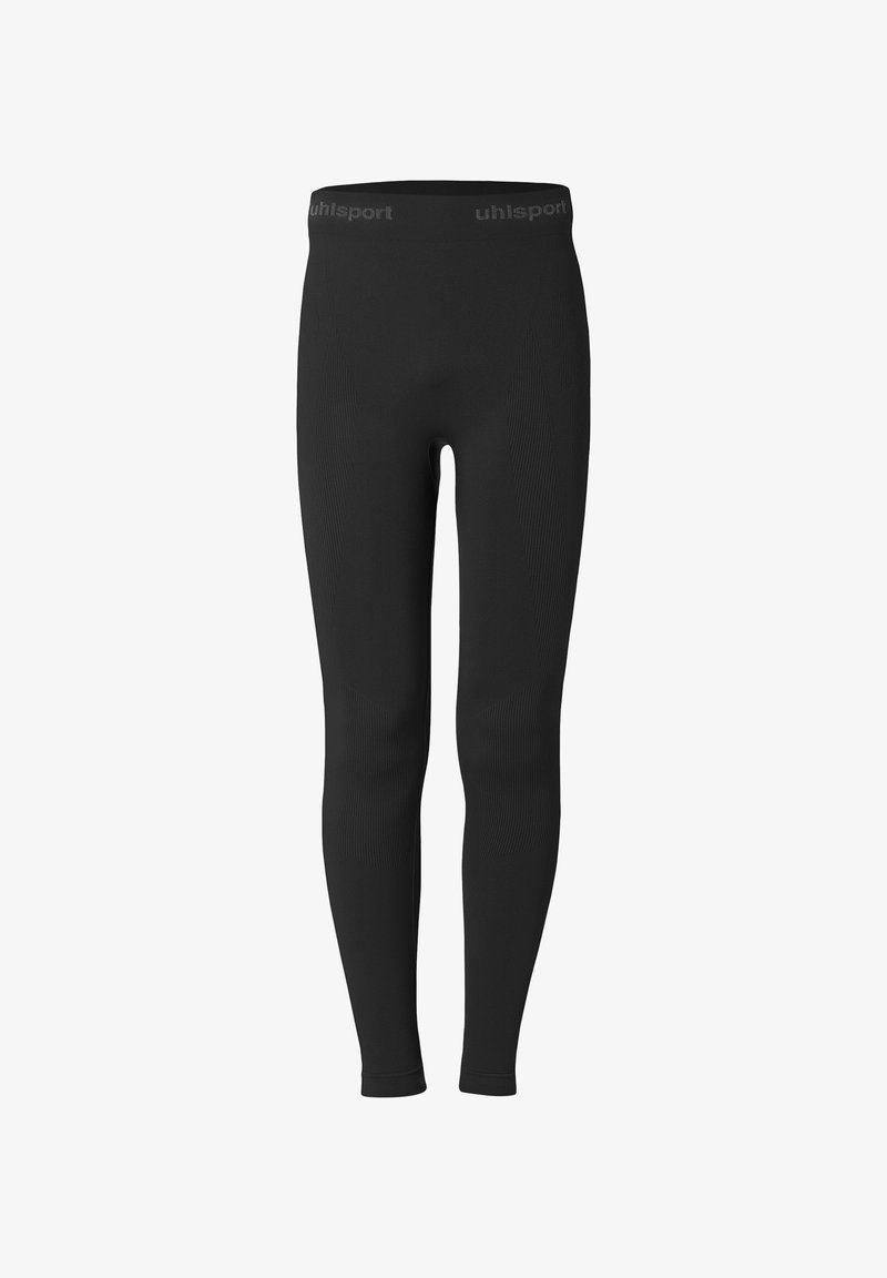 Sorte sporty leggings med en tætsiddende pasform, elastisk talje med grå "uhlsport" branding og teksturerede paneldetaljer for åndbarhed.