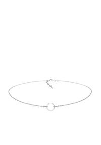Silver chain necklace with a circular pendant. Features a delicate, linked design and adjustable length with a lobster clasp closure.