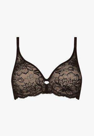 Juodas nėriniuotas liemenėlė su gėlių raštais, su vieliniu įdėklu, trikampio formos, reguliuojamais petnešėlėmis ir centriniu dekoratyviniu raktų anga detaliu.