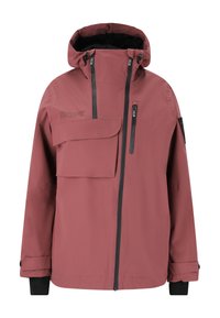 Wasserdichte Jacke in einem gedämpften Rosaton, mit einer großen Vorderentasche, einer mit Reißverschluss versehenen Brusttasche und schwarzen Reißverschlussakzenten.