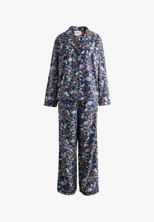 Marineblauw pyjamaset met lange mouwen, bestaande uit een bovenstuk met knopen en een broek, met een bloemmotief van paarse, roze en witte bloemen met groene bladeren.