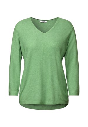 Maglione verde a V con maniche lunghe, motivo a maglia testurizzata, silhouette rilassata e orlo leggermente curvo. Materiale morbido con una vestibilità casual.