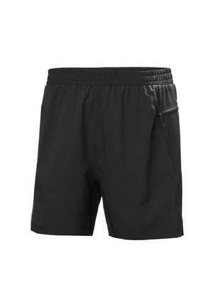 Black athletic shorts with elastic waistband and zippered pocket on right side against a white background.