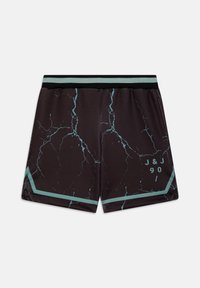 Shorts de sport noirs avec un motif marbré bleu, bordures teal, et "J&J 90" imprimé sur la jambe droite, dotés d'une ceinture élastique noire et teal.