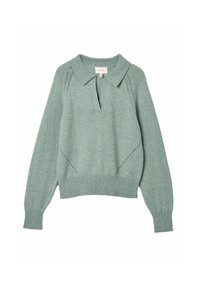 Pull vert clair avec un col à revers, une encolure en V et des poignets côtelés. Fabriqué en tissu tricoté doux, avec des détails décoratifs tricotés sur les manches.