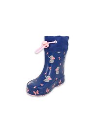 Bottes en caoutchouc navy avec motifs de papillons roses et d'éléphants. Comprend un cordon de serrage rose en haut et une semelle texturée pour une bonne adhérence.
