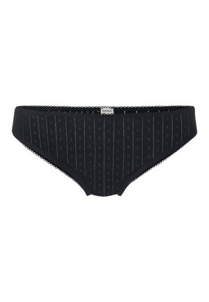 Schwarze Damenunterwäsche im Bikini-Stil mit vertikalen Ösenstreifen und gewellten elastischen Rändern, mit Markenlabel auf dem Bund.