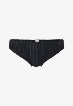 Schwarze Damenunterwäsche im Bikini-Stil mit vertikalen Ösenstreifen und gewellten elastischen Rändern, mit Markenlabel auf dem Bund.