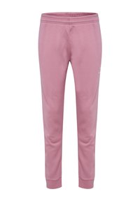 Roze katoenen joggingbroek met een elastische tailleband, slim fit en geribbelde manchetten. Kenmerkt zich door een subtiele branding op de linker heup. Glad textuur.