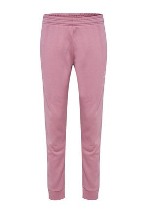 Pink cotton joggers with an elastic waistband, slim fit, and ribbed cuffs. Features subtle branding on the left hip. Smooth texture.