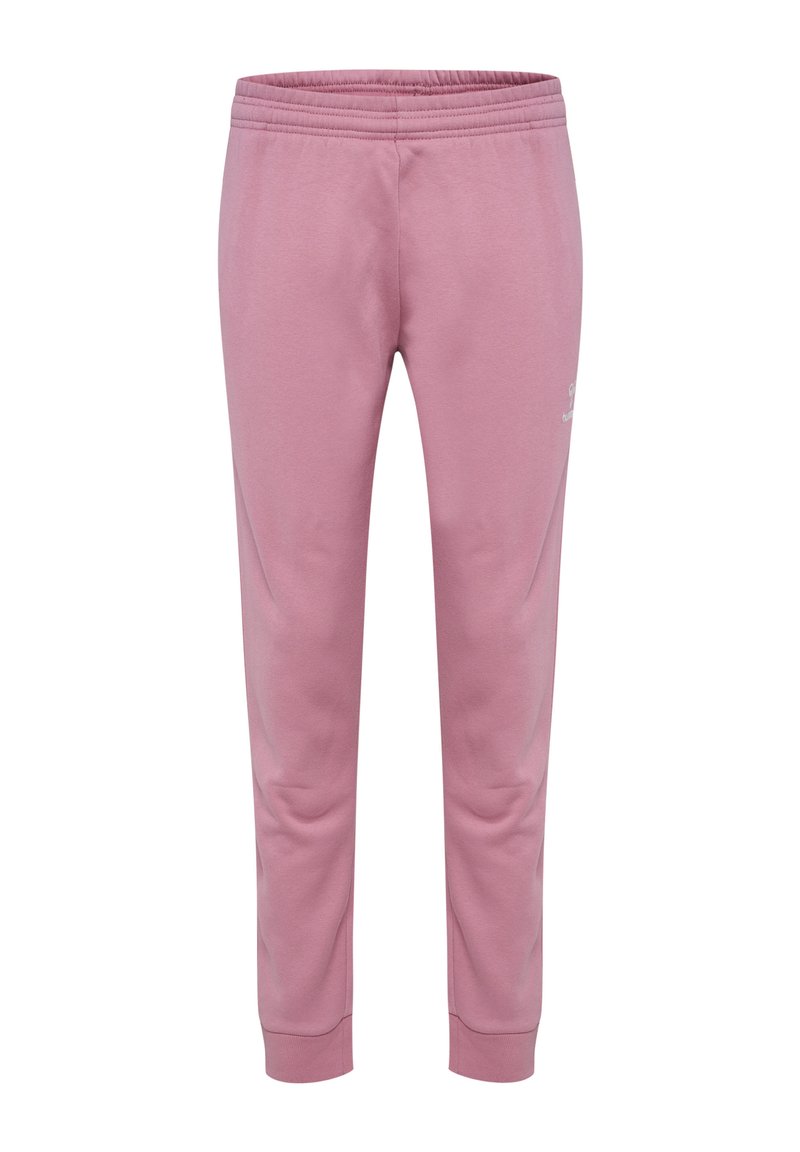 Roze katoenen joggingbroek met een elastische tailleband, slim fit en geribbelde manchetten. Kenmerkt zich door een subtiele branding op de linker heup. Glad textuur.