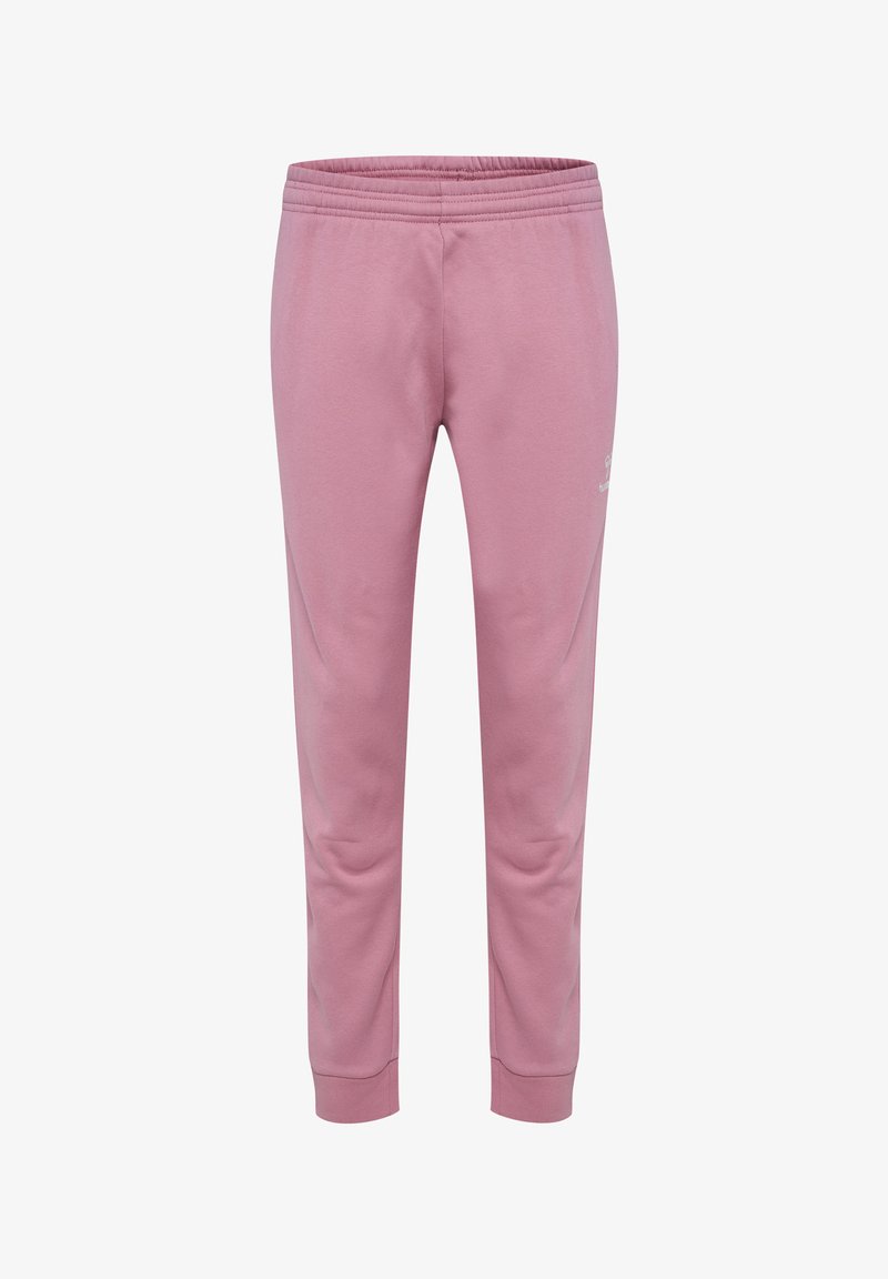 Rosa Baumwoll-Jogginghosen mit elastischem Bund, schmaler Passform und gerippten Bündchen. Dezent mit einem Logo auf der linken Hüfte. Glatte Textur.