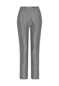 Grau maßgeschneiderte Hose mit geradem Schnitt, weicher Stoffstruktur, flachem Bund und einem einzelnen Knopfverschluss an der Taille.