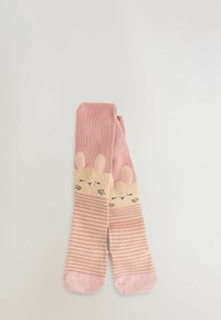 Lyserøde og beige stribede knæhøje strømper med et sødt kaninansigt og ører designet på den øverste del.