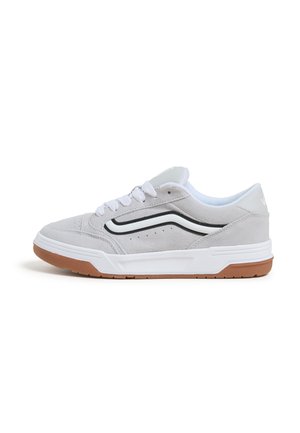 Gray suede sneakers with white accents, black side stripe, and a gum rubber sole. Features round laces and mesh lining.