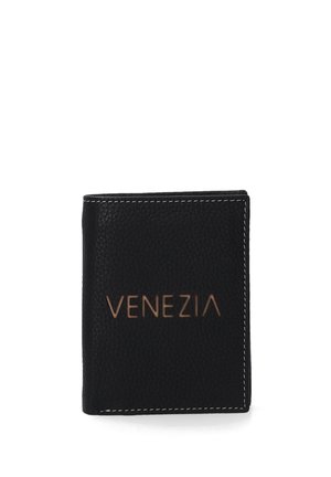 Black leather wallet featuring a textured surface, white stitching, and a debossed "VENEZIA" logo in gold on the front. Compact, rectangular design.