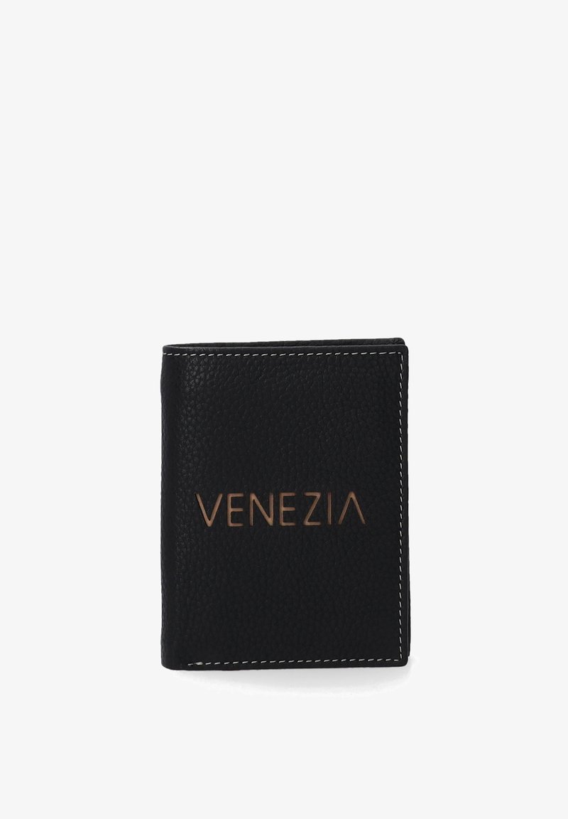 Zwarte leren portemonnee met een gestructureerd oppervlak, witte stiksels en een verdiept "VENEZIA" logo in goud aan de voorkant. Compact, rechthoekig ontwerp.