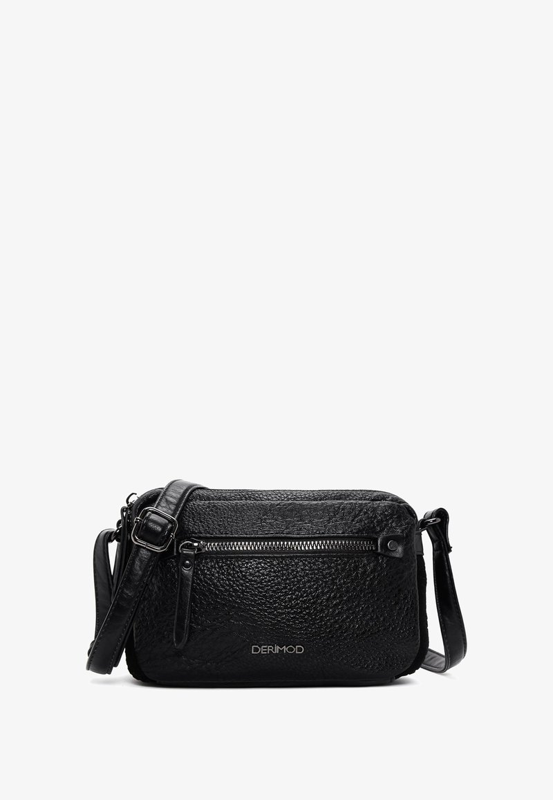 Borsa a tracolla in pelle nera con superficie texturizzata, tasca frontale con zip, tracolla regolabile e logo del marchio in rilievo.