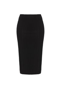 Svart pennkjol med en figurnära design, tillverkad av stretchigt material. Har en slät textur och en mittlång längd, utan dekorationer.