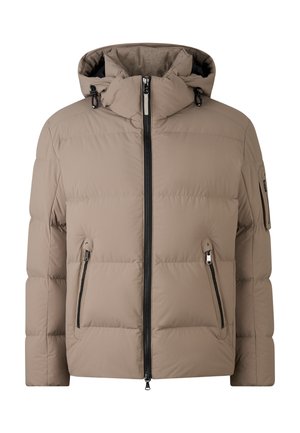 Beige zateplená zimní bunda s předním zipem, dvěma bočními kapsami na zip, kapsou na zip na rukávu a nastavitelnou kapucí.