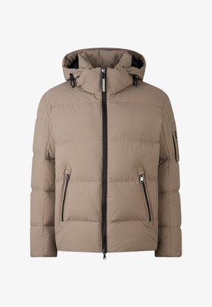 Beige gewatteerde winterjas met voorrits, twee ritszakken aan de zijkant, een ritszak op de mouw en een verstelbare capuchon.