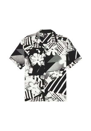 Czarna i biała koszula na guziki z krótkim rękawem, ozdobiona abstrakcyjnymi wzorami geometrycznymi i kwiatowymi.