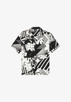 Czarna i biała koszula na guziki z krótkim rękawem, ozdobiona abstrakcyjnymi wzorami geometrycznymi i kwiatowymi.