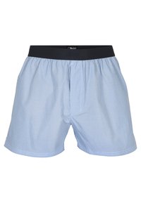 Lysblå stribede bomuldsboxershorts med en elastisk sort talje. Designet har lodrette striber og en afslappet pasform.