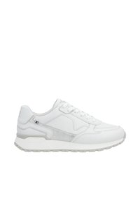 White sneakers with a textured suede accent, a smooth leather upper, and a chunky rubber sole. Features a sporty design with lace-up closure.