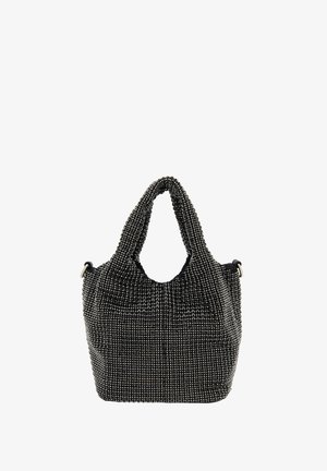 Zwarte handtas van kralen met een ronde bovenhandgreep en een textuur oppervlak. Het ontwerp heeft een slonzig figuur en zilveren hardware accenten.