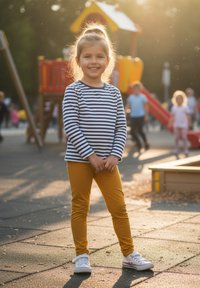 Dziecko ubrane w pasiastą koszulkę z długim rękawem i musztardowo-żółte legginsy, stojące pewnie. W tle sprzęty na placu zabaw i inne osoby.