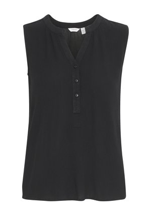 Melna bez piedurknēm topiņš, kas izgatavots no viegla auduma, ar V-veida kakla izgriezumu, piecu pogu aizdari un nedaudz brīvu piegriezumu. Gluda tekstūra.