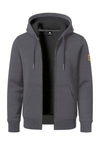 Gray zip-up hoodie with a drawstring hood, two front pockets, ribbed cuffs, and hem. Features a textured interior lining and logo patch.