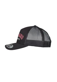 Schwarze Trucker-Basecap mit vorderer Fläche in Uni-Design, auf der "HARVARD" in roter Schrift steht, und "University" darunter, ergänzt durch ein atmungsaktives Netzdesign.