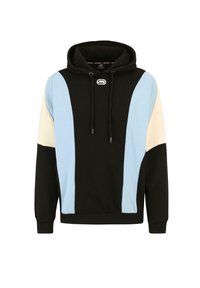 Sweat à capuche noir avec des panneaux verticaux bleu clair à l'avant et des sections de couleur crème sur le haut des manches, doté de cordons de serrage et d'un patch logo.