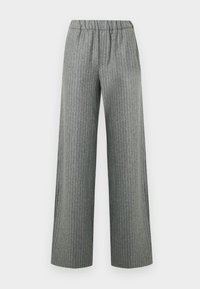 Pantaloni largi gri cu dungi fine, talie elastică, buzunare frontale și croială dreaptă.