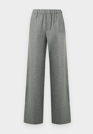 Gray pinstripe wide-leg trousers with elastic waistband, front pockets, and a straight cut.