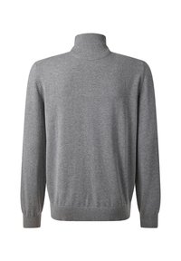 Grauer Strickpullover mit hohem Kragen, langen Ärmeln, gerippten Bündchen und Saum. Weiche Textur, lässiges Design, keine sichtbaren Muster oder Beschläge.