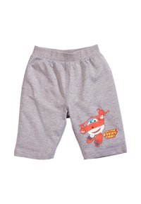 Pantaloni corti in cotone grigi con una cintura elastica, caratterizzati da un personaggio dei cartoni animati in rosso e blu con la scritta "SEMPR E IN TEMPO!"