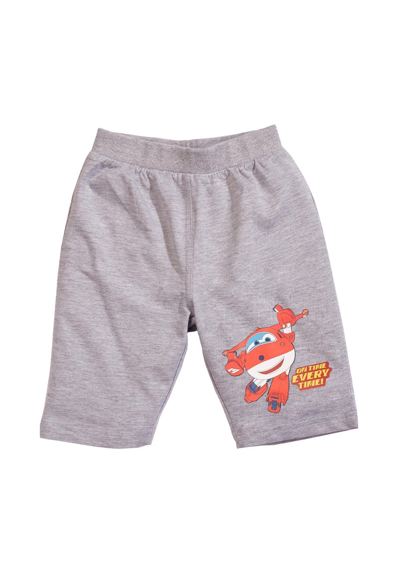 Pantaloni corti in cotone grigi con una cintura elastica, caratterizzati da un personaggio dei cartoni animati in rosso e blu con la scritta "SEMPR E IN TEMPO!"