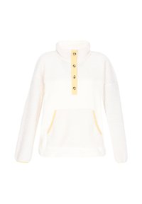 Fleece pullover in crème met een gele acccent. Kenmerken zijn een hoge kraag, een vijfknops sluiting en een voorzak met contrasterende afwerking.