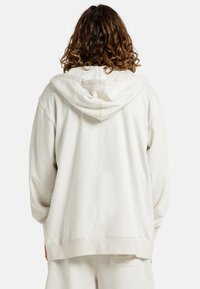 Light grey, oversized hoodie made from soft fabric, featuring a large hood and ribbed cuffs. Minimalist design with no prominent logos.