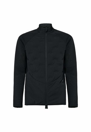 Black lightweight jacket with full front zipper, ribbed sleeves, and a high collar, designed for casual or outdoor wear.
