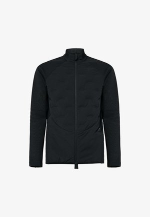 Black lightweight jacket with full front zipper, ribbed sleeves, and a high collar, designed for casual or outdoor wear.