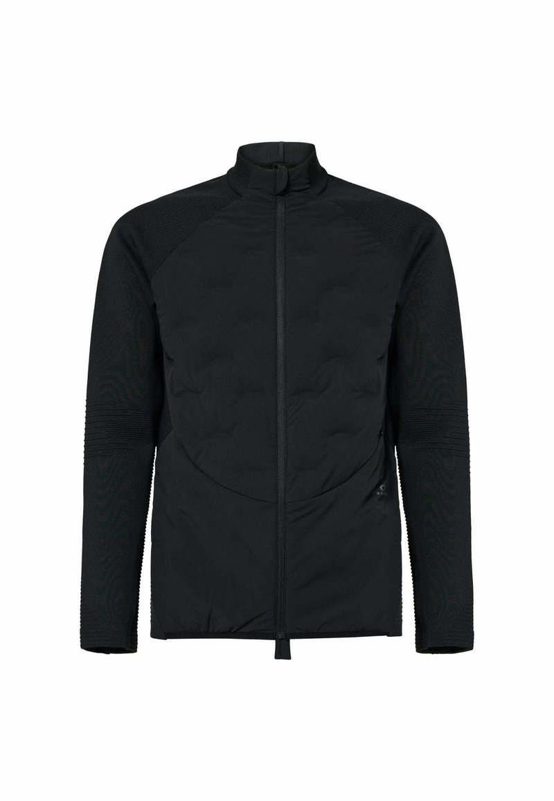 Veste légère noire avec fermeture éclair sur le devant, manches côtelées et col haut, conçue pour une utilisation décontractée ou en extérieur.