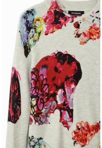 Světle šedý svetr s barevnými abstraktními květinovými vzory v červené, růžové a fialové barvě, s propracovanými liniovými detaily. Design s kulatým výstřihem.