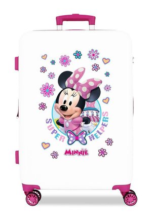 Maleta blanca con asa y ruedas rosas que presenta a Minnie Mouse en rosa con un lazo de lunares, rodeada de flores y corazones de colores.