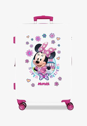 Maleta blanca con asa y ruedas rosas que presenta a Minnie Mouse en rosa con un lazo de lunares, rodeada de flores y corazones de colores.